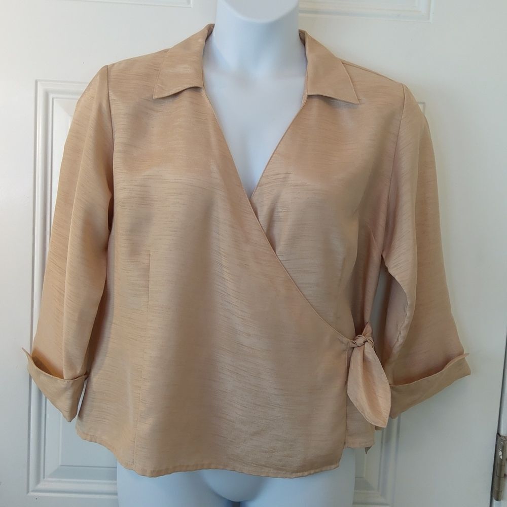 Selene Sport tan 3/4 cuff sleeve wrap front blouse